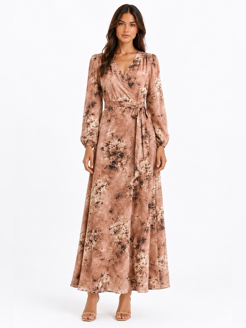 Blush Floral Maxi Wrap Dress Long Sleeve Tie Waist Romantic Boho Size M